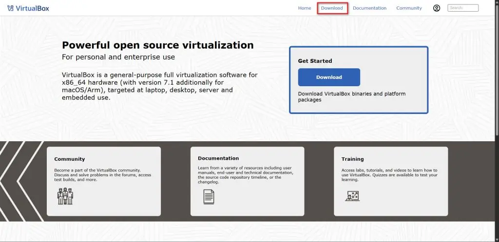 Page d'accueil de téléchargement de Virtual Box